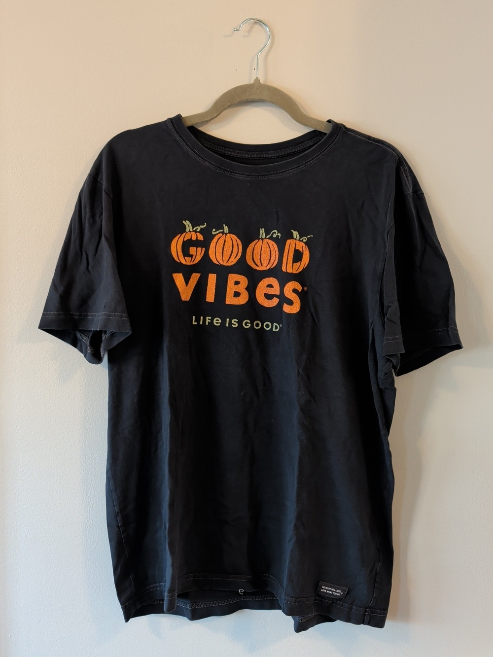 Life Is Good Black Short-Sleeve Tee with Orange Pumpkin 'Good Vibes' Graphic